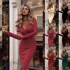 Neck Women V Long Sleeve Bodycon Sexy Dress Ladies Casual Evening Party Clubwear