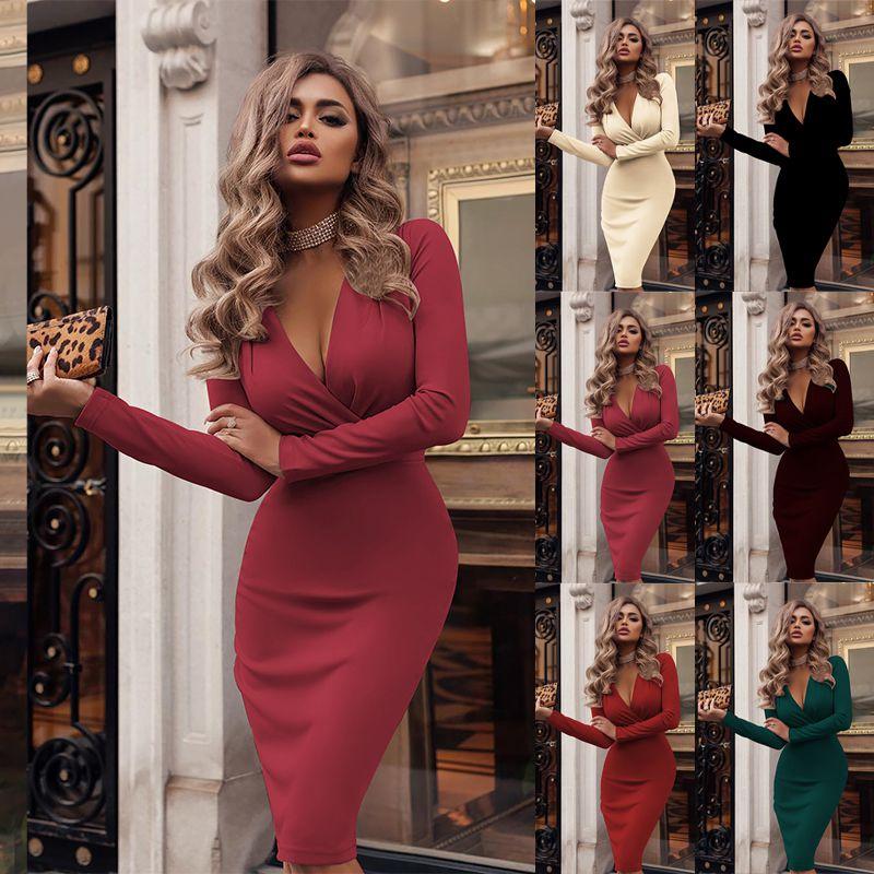 Neck Women V Long Sleeve Bodycon Sexy Dress Ladies Casual Evening Party Clubwear