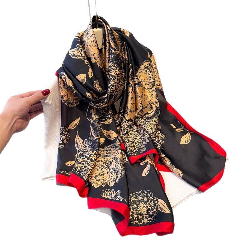 Spring and summer thin simulated silky brocade plain and elegant flower silk scarf long scarf silky printing shawl versatile headscarf scarf