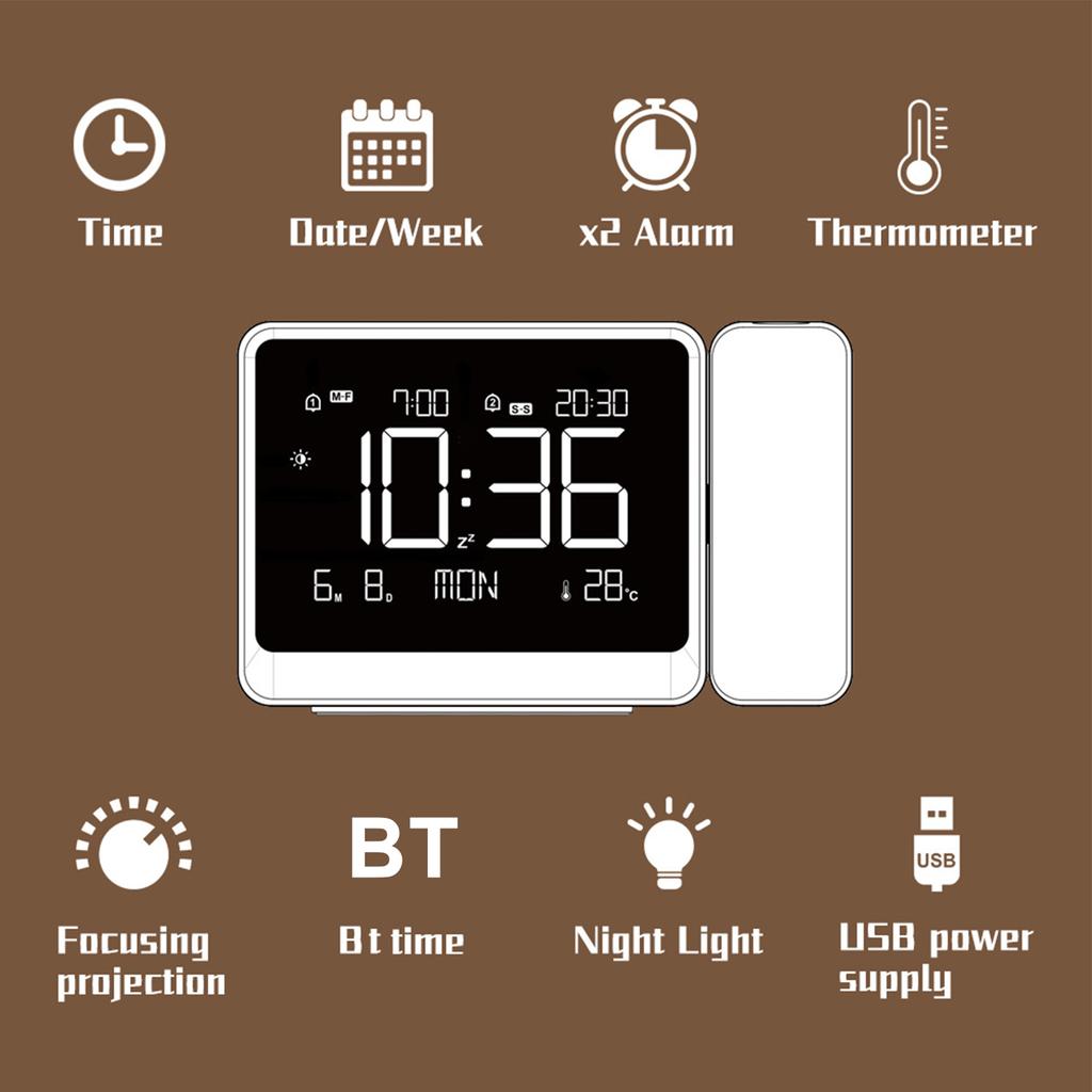 Projection Alarm Clock for Ceiling, Bluetooth Auto-Sync Time & Temp, Adjustable Focus Bedside Clock, Great for Kids Adults