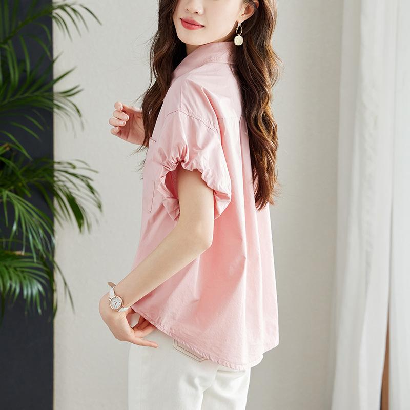 Light Blue Shirt for Women Short-sleeved Summer New Flower Bud Sleeve Top Design Niche Cotton Shirt