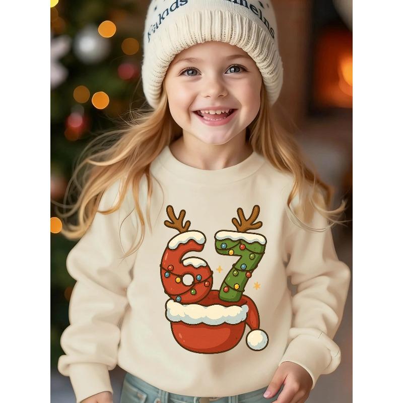 Unisex Kids Black Crewneck Sweatshirt For 4-12 Boys Girls Christmas Reindeer Antler Santa Hat Number 67 Light Star Print Soft Long Sleeve Pullover