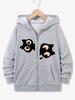Kids Light Purple Zip Up Hoodie Split Black Cartoon Cat Face Graphic Long Sleeve Pocket Casual Girls Hooded Jacket