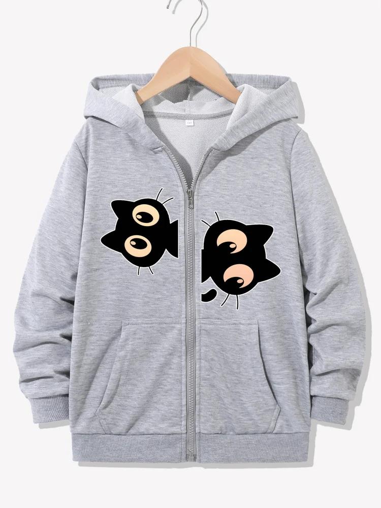 Kids Light Purple Zip Up Hoodie Split Black Cartoon Cat Face Graphic Long Sleeve Pocket Casual Girls Hooded Jacket