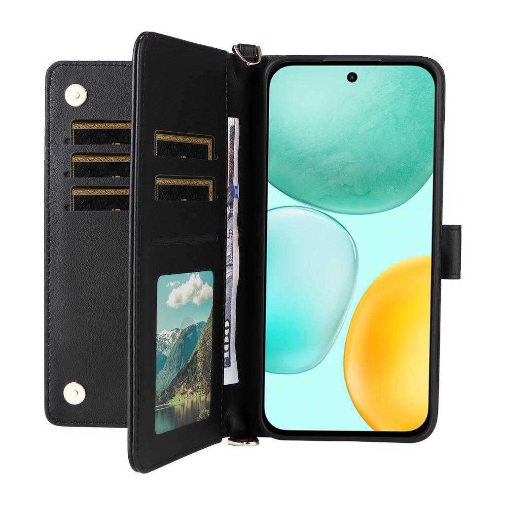For Honor X6c 4G Case with Shoulder/Wrist Strap Leather Phone Cover Stand Wallet