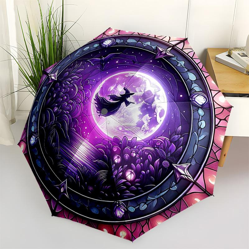 1pc Stained Glass Witch Moon Scene Automatic Opening Folding Umbrella - Portable 3-Fold Design with Iron Frame, Outdoor, Gift for Fans, Travelers, Dai