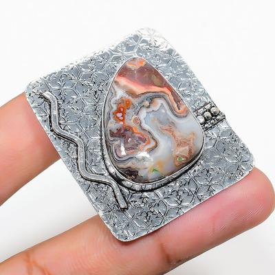 Natural Laguna Lace Agate Gemstone 925 Sterling Silver Pendant 1.65" U4q96