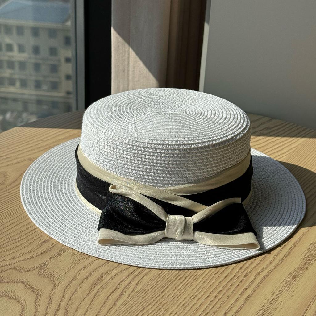 New Straw Woven Flat Top Top Hat Bow Straw Hat Summer Outing Seaside Sunshade and Sun Protection