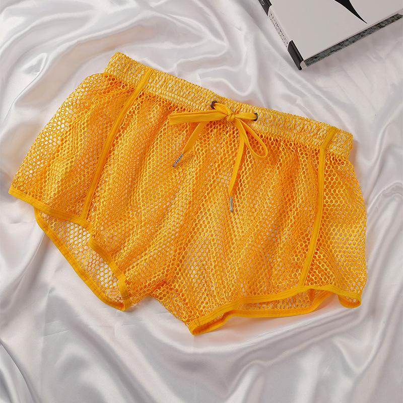 Pantaloni scurți de casă pentru bărbați, din plasă, cu picior plat, respirabili, cu gol transparent