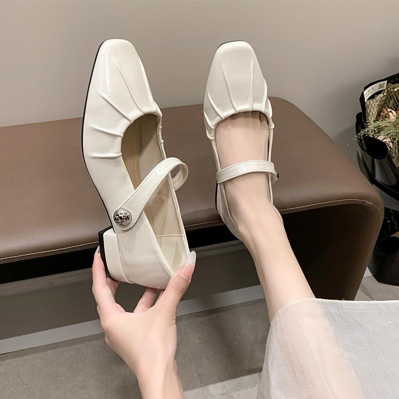 Mary Jane Shoes Glossy Leather Ballet Flats 2025 Fashion Pleated Low Heel Single Shoes for Women Soft Sole Casual Shoes