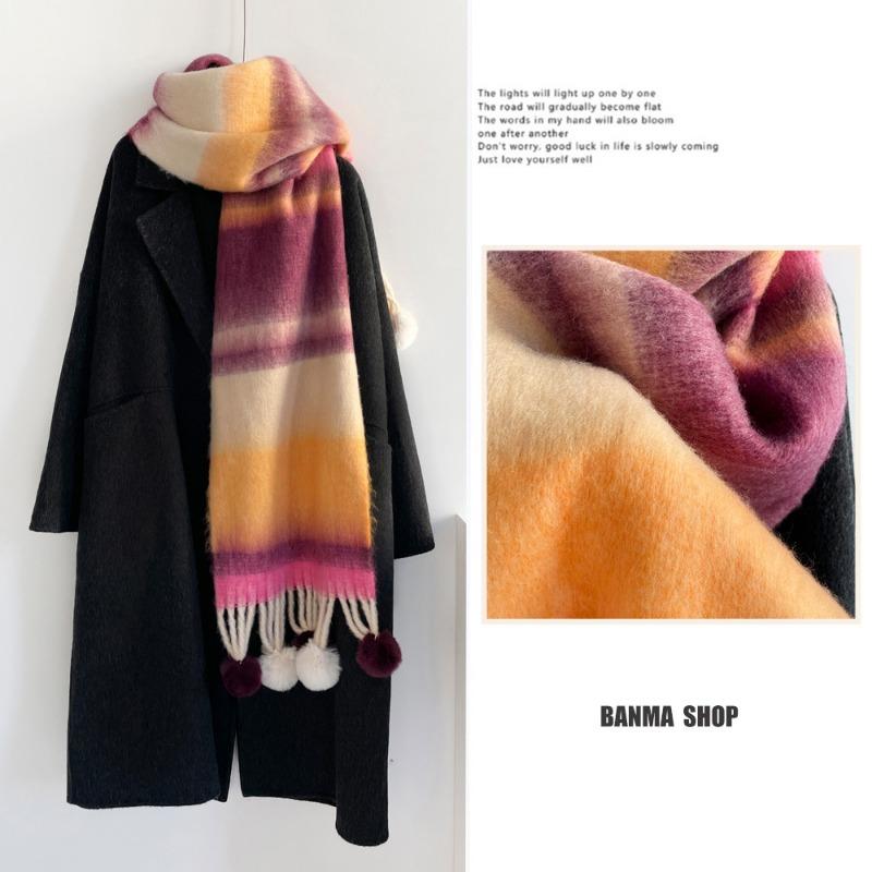 

Зимний радужный полосатый шарф мягкий с подвесным помпоном мохеровый утолщенный теплый студенческий шарф от холода шаль 105*35cm