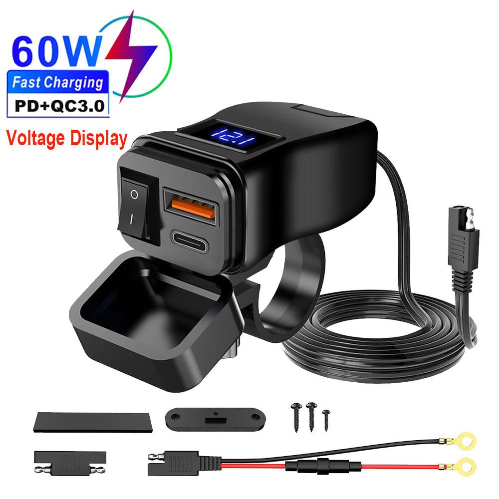 PD+QC3.0 Μοτοσικλέτα USB Fast Charger 60W Τιμόνι Διπλή υποδοχή USB με διακόπτη βολτόμετρο αδιάβροχο τροφοδοτικό 12V