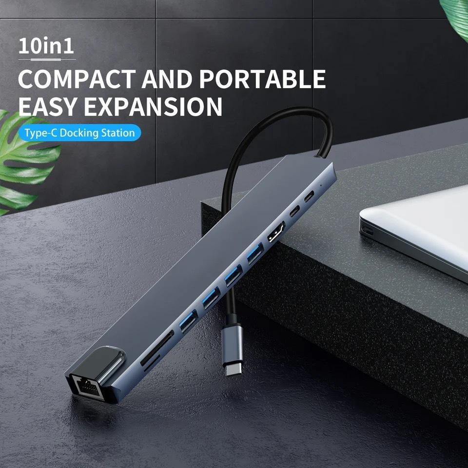 מתאם רב-תכליתי 10 ב-1 USB-C ל-HDTV עם 100M Ethernet ורכזת USB למובייל, מחשב, קונסולת משחקים