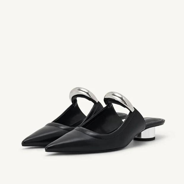 Fashion Summer Pointed Toe Women Slippers High Quality Shallow Mouth Women Leisure Mid Heel Sandals Metal Baotou Sandals Sandalias Mujer