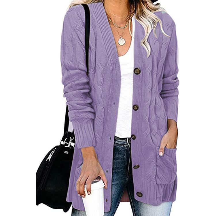 Women's V-Neck Button Front Knitted Cardigan with Pockets, Casual Long Sleeve Open Front Sweater (12 Colors)