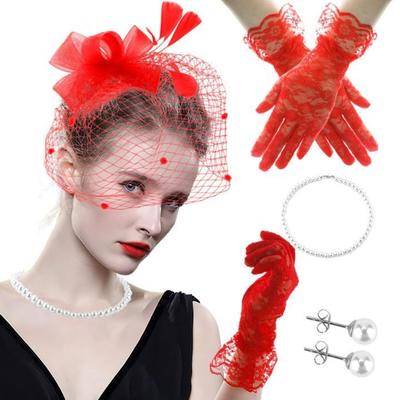 Cocktails Party Feather Mesh Headpiece with Lace Gloves Necklace 1920s Tulle Headpiece Flapper Costume for Formal Event