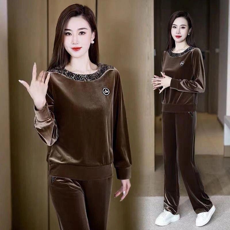 Gold Velvet Embroidery Suit for Women, Autumn and Winter Fashionable Casual Top, Straight Pants Two-piece Set