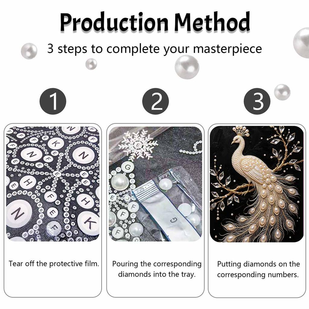 This pearl painting kit features 5D elegant peacock pearls mosaic art style for home wall decoration.