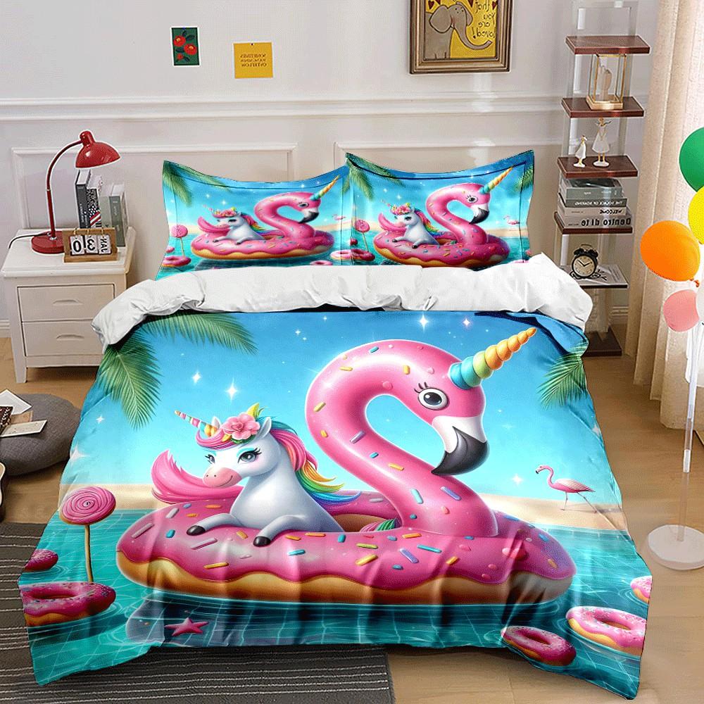 Einhorn Pool-Schwimmring Sommer-Set Exquisites Dreiteiliges Bettwäsche-Set Geschenk für Kinder und Erwachsene