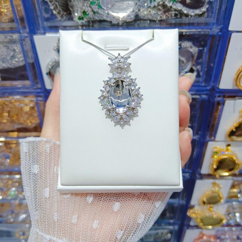 

Кулон из халцедона «Высокий лед» с полным бриллиантовым паве, Держатель для предмета, Цирконовый кулон в форме яйца, Женская микро-инкрустированная цепочка для ключицы, Кулон-пустой держатель.