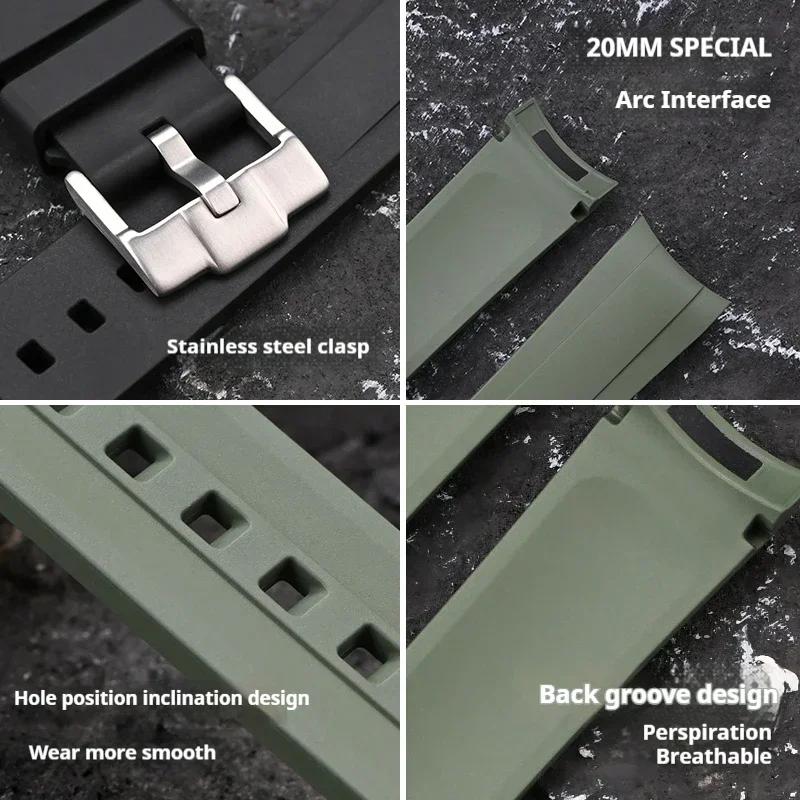 20mm Non Stick Ash Fluoro Rubber Strap for Tudor Special Arc Curved End FKM Watch Band Men Sport Waterproof Bracelet Accessories