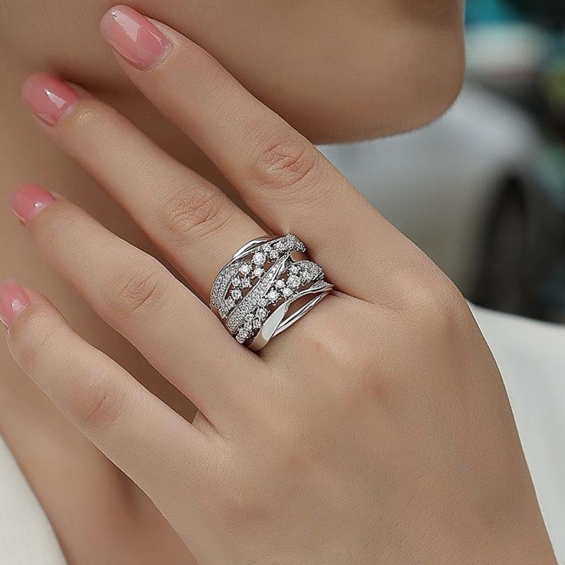 Gorgeous Wide Silver Color Rings for Women Luxury Party Accessories Brilliant Cubic Zirconia Finger Jewelry for Wedding