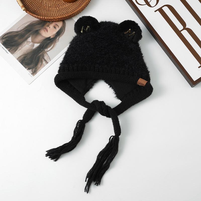 

Autumn and winter hats, women s bear ears, fleece ear protectors, thermal hats, fashionable versatile and cold-proof knitted wool hats One Size