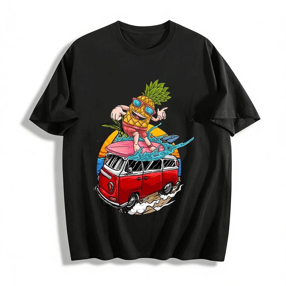

Fun Surfing Pineapple Retro Bus Graphic Print Short Sleeve T-Shirt Pure cotton T-shirt XXS