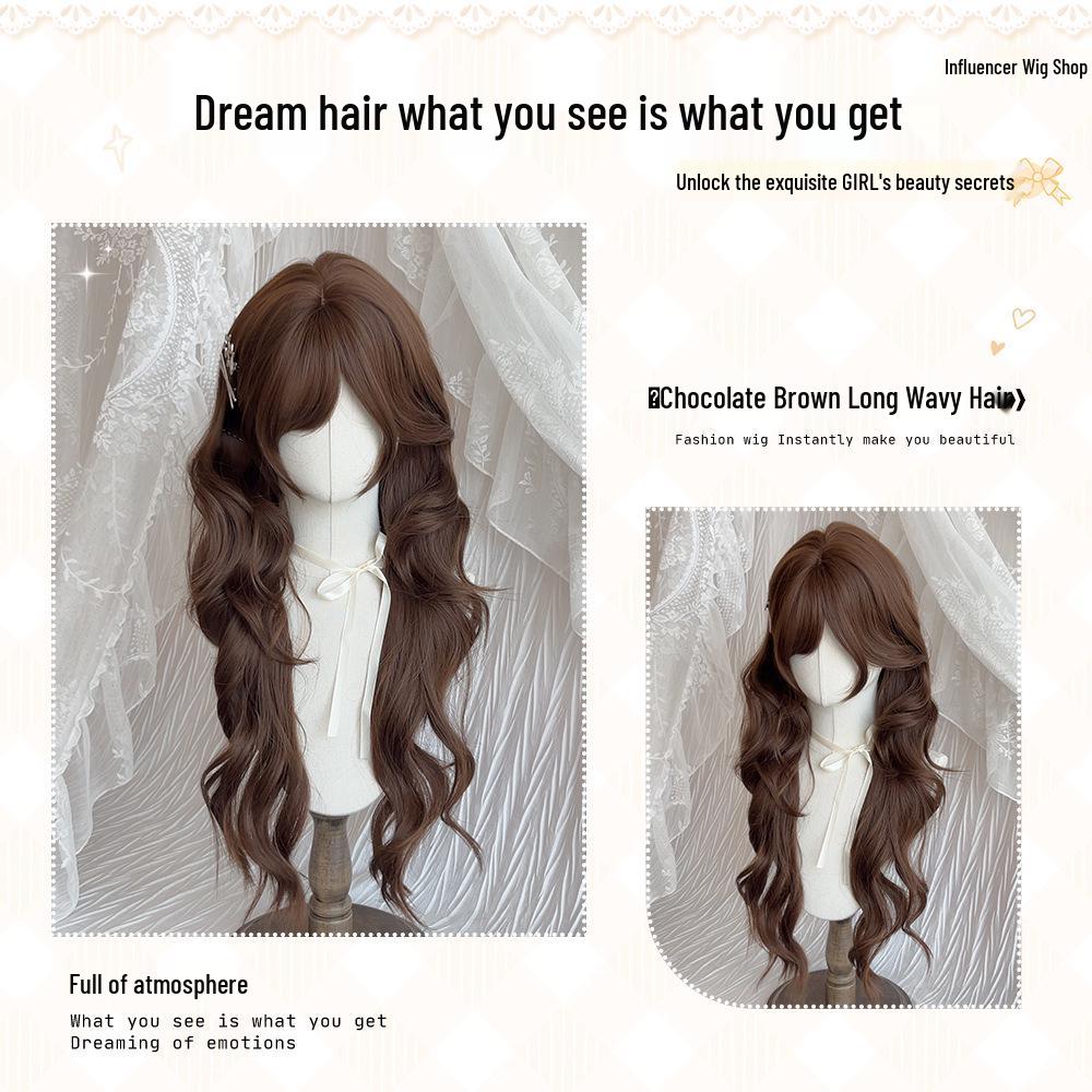 Chocolate Brown Long Curly Wig with Bangs - Y2K Sweetheart Style