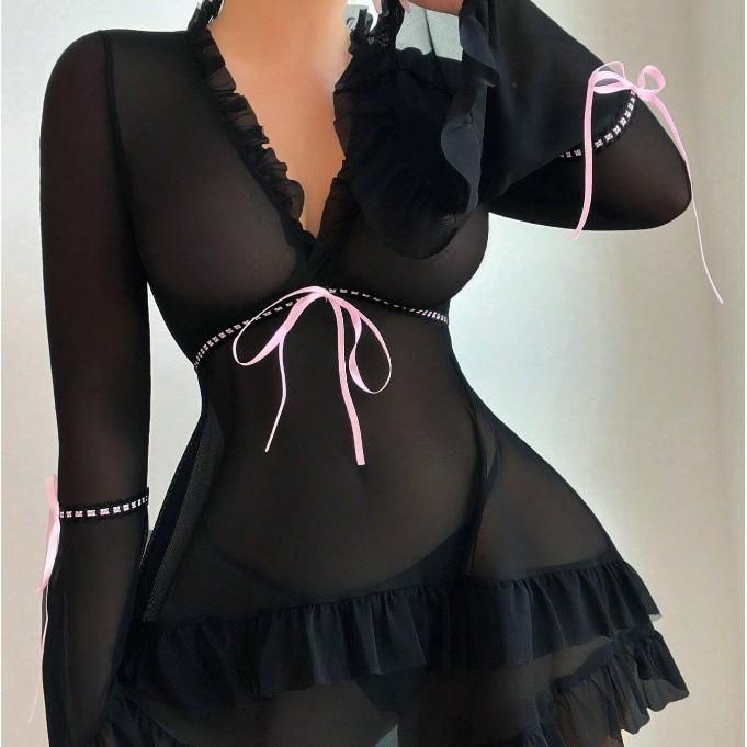 Europe and the United States new sexy mesh perspective pure desire Spice Girl long-sleeved erotic underwear set