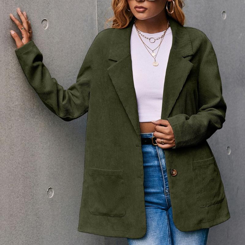 Corduroy Women Coat Autumn Winter Solid Color Long Sleeve Coats with Pockets Buttons Business Lady Outwear