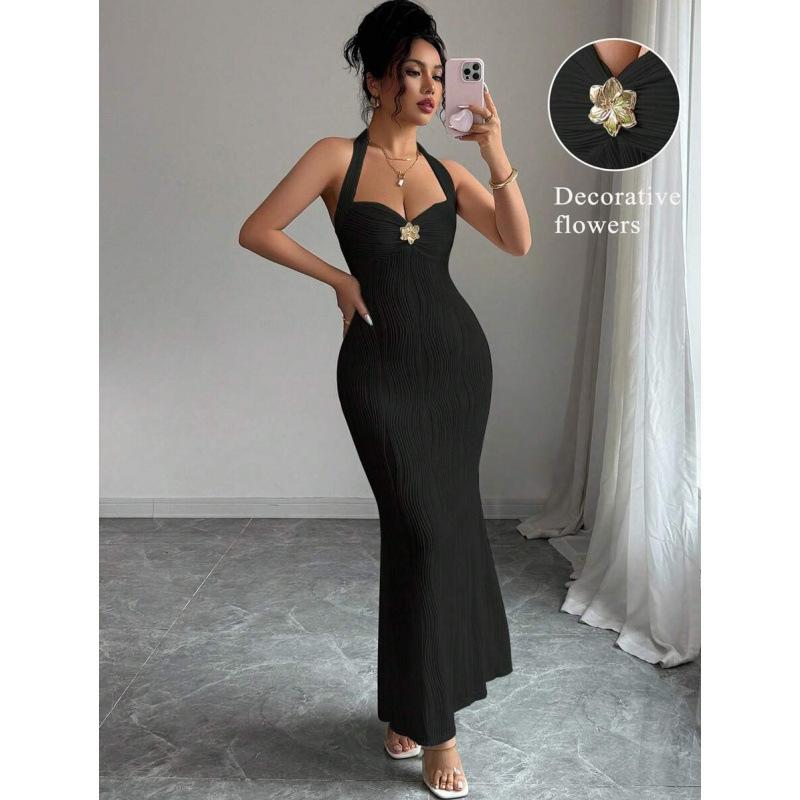 European and American summer new elegant, textured solid color lace-up slim long mermaid dress S