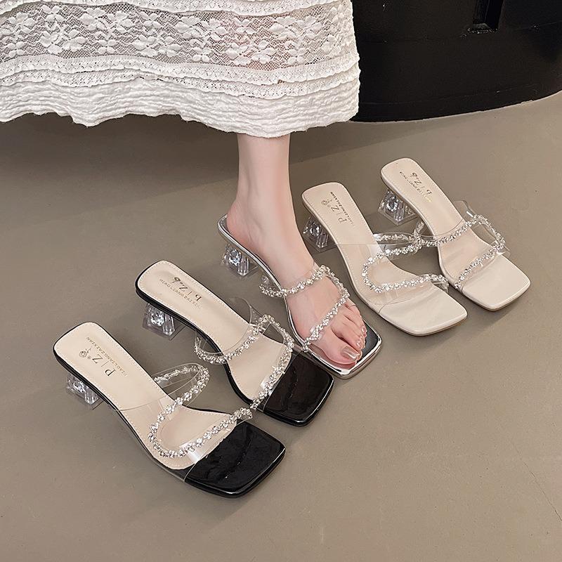 Women's Crystal Slippers Transparent Pvc Temperament Cool Slippers for Women Square Head Open-toed High Heeled Sandals Sandalias