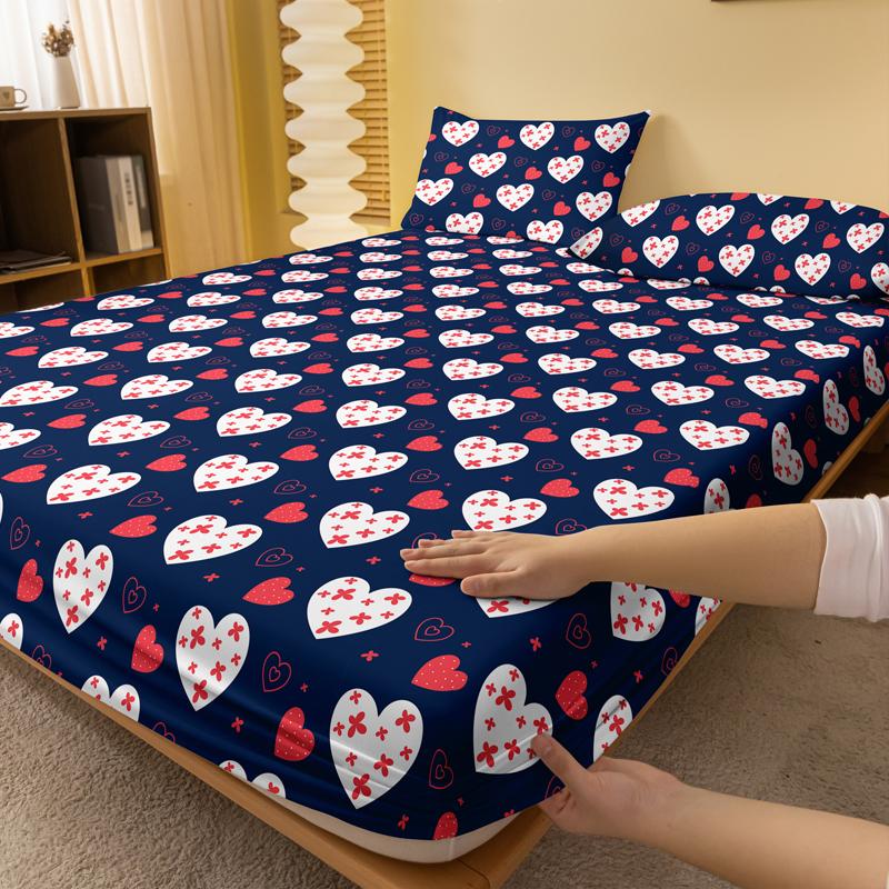 1 Bucată Model Echipă Albastră Cearceaf Fiting Periat, Cuvertură de Pat Imprimată cu Inimioare Pentru Dormitor, Lenjerie de Pat (Nu include fața de pernă)