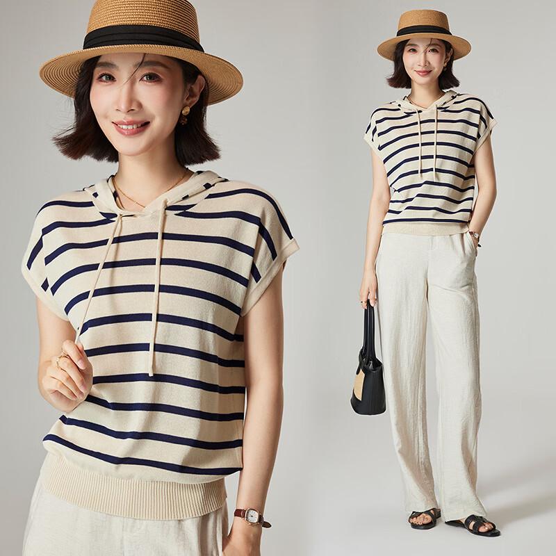 Women s Faux Linen Stripe Hooded Knit T-shirt XL тёмно-синий
