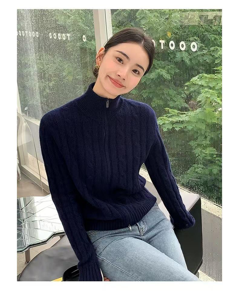 Women's High-Neck 100% Wool Cable Knit Zipper Cardigan - Solid Color Sweater Coat for Autumn/Winter