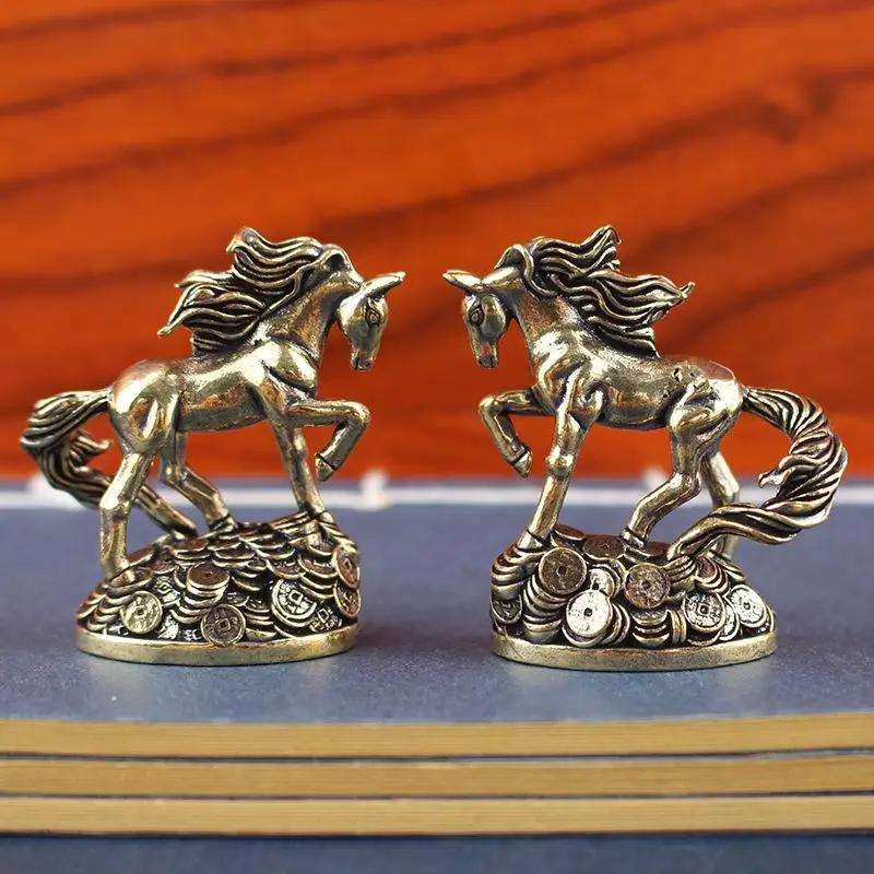 1PCS Brass Zodiac Horse With Money Horse Ornaments Desktop Decoration Crafts Ornaments Antique Bronze Animal Miniature Model