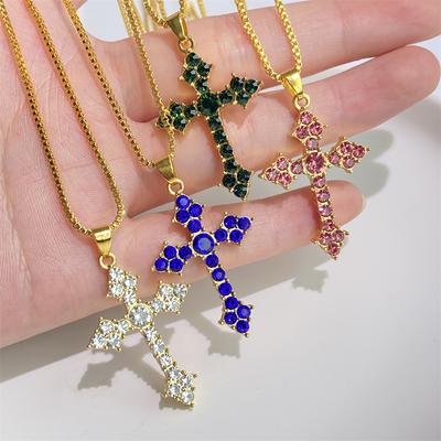 Personalisierte Mode Mehrfarbige Kristall Zirkonia Kreuz Anhänger Halskette Goldfarbene Kette Halsketten Unisex Party Zirkon
