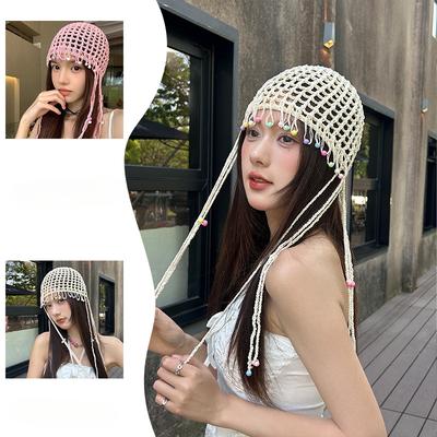 New Colorful Pearl Tassels Baotou Hat Pure Hand Crochet Hollowed Out Ethnic Style Tassels Beach Hat
