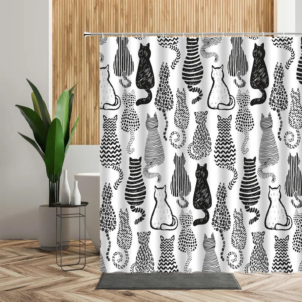 3D Cartoons Black White Cat Bathroom Waterproof Shower Curtain Simple Footprint Bathroom Curtains for Bathtub Screen with Hooks