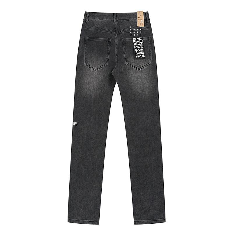 Men's Black Washed Distressed Straight Leg Jeans, Ripped Patchwork Denim Pants