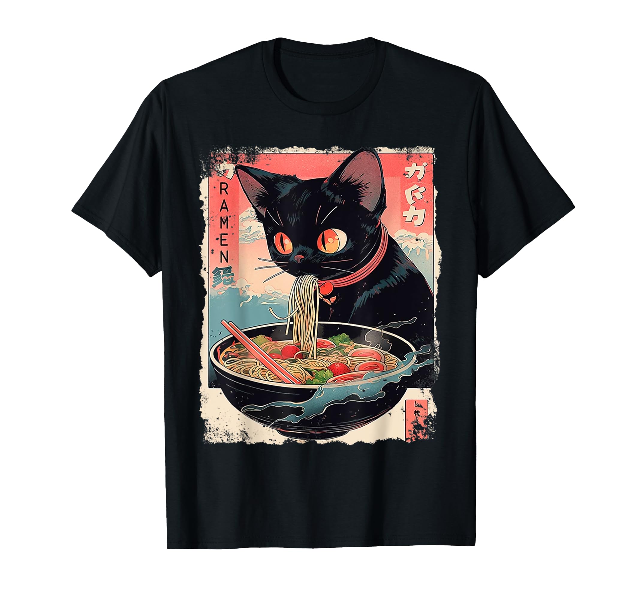 

Милая черная кошка Love Ramen Kawaii Cat аниме японская футболка чёрный