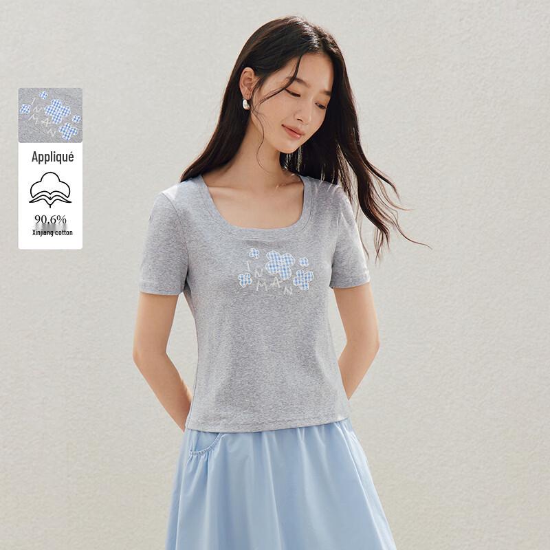 Inman Women s Floral Applique U-neck Short Sleeve T-Shirt M