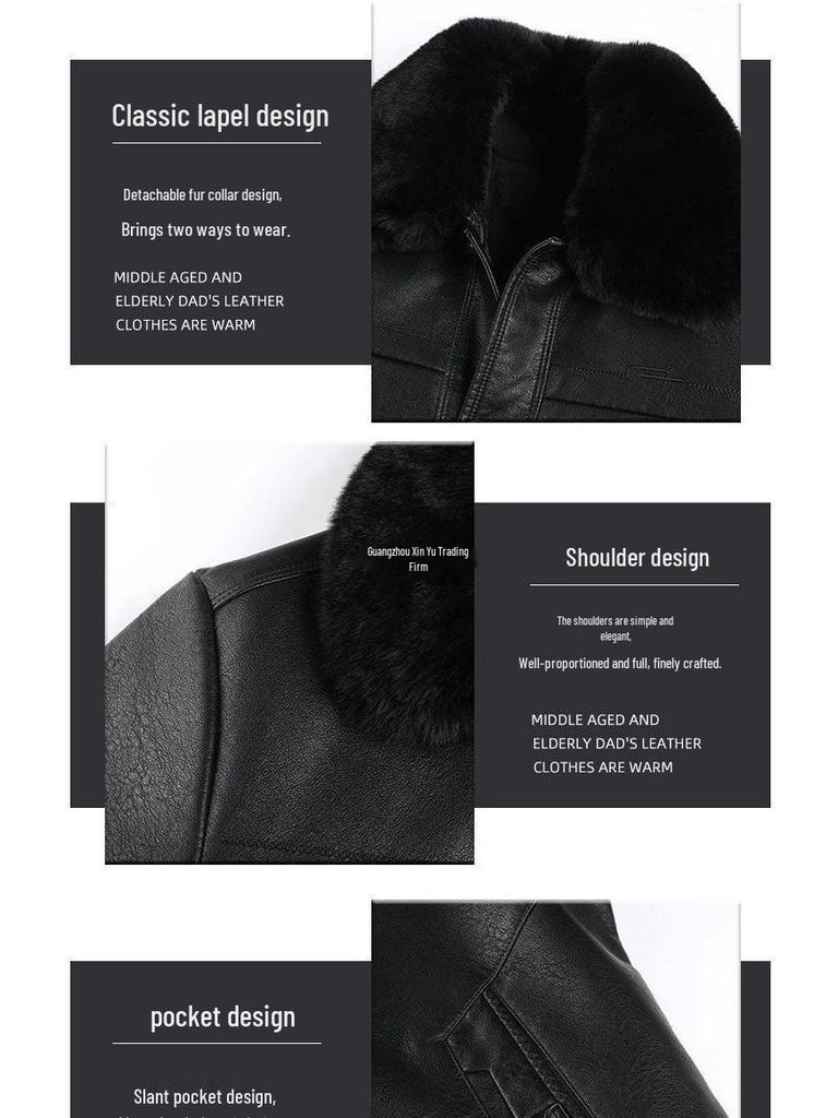 Men's Winter Leather Jacket with Fur Collar: Fleece-Lined, Thick Overcoat for Ages 50-60, Button-Up Style for Warmth.