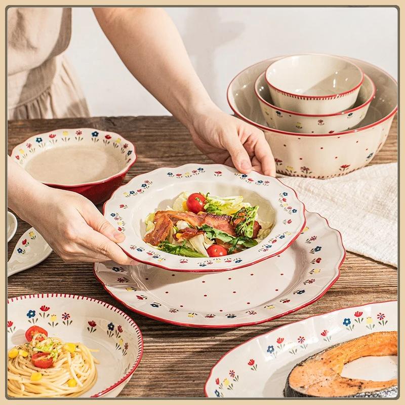 Pastoral Style Ceramic Tableware Soup Bowl Salad Bowl Dish Pasta Dessert Plates Dinnerware Dinnerware Table Decoration