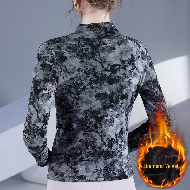 Neue Herbst-/Wintermode: Halbhoher Kragen Bedrucktes Langarm-T-Shirt mit Elastik und Samt.