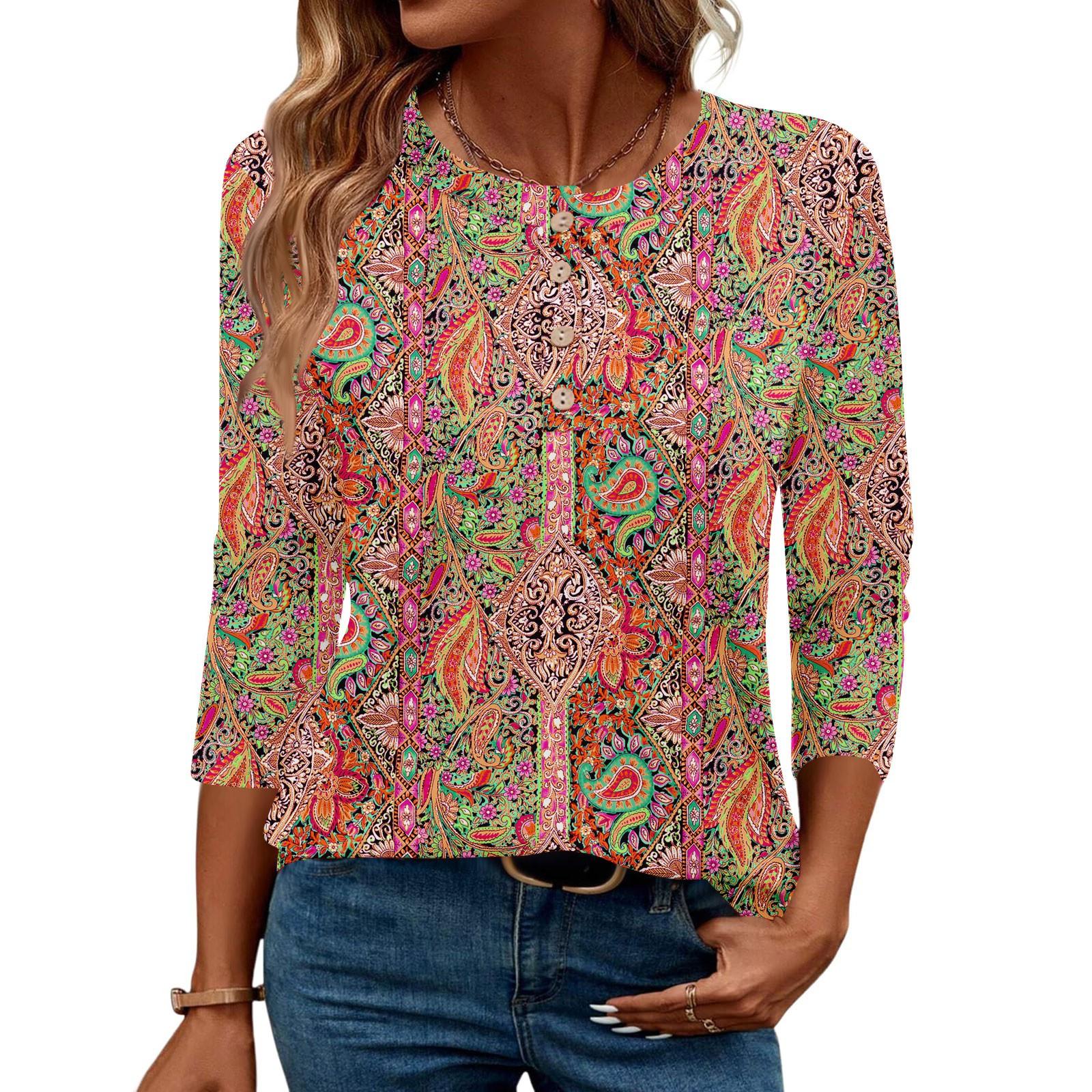 

3/4 Sleeve Shirts For Women Button Down Shirt Top For Women Half Button Down Print Graphic Blouse S червоний