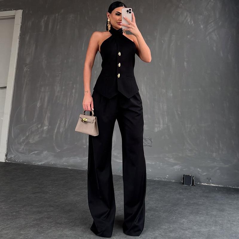 2025 Summer Women's Halter Top & High Waist Long Pants Set - European & American Style