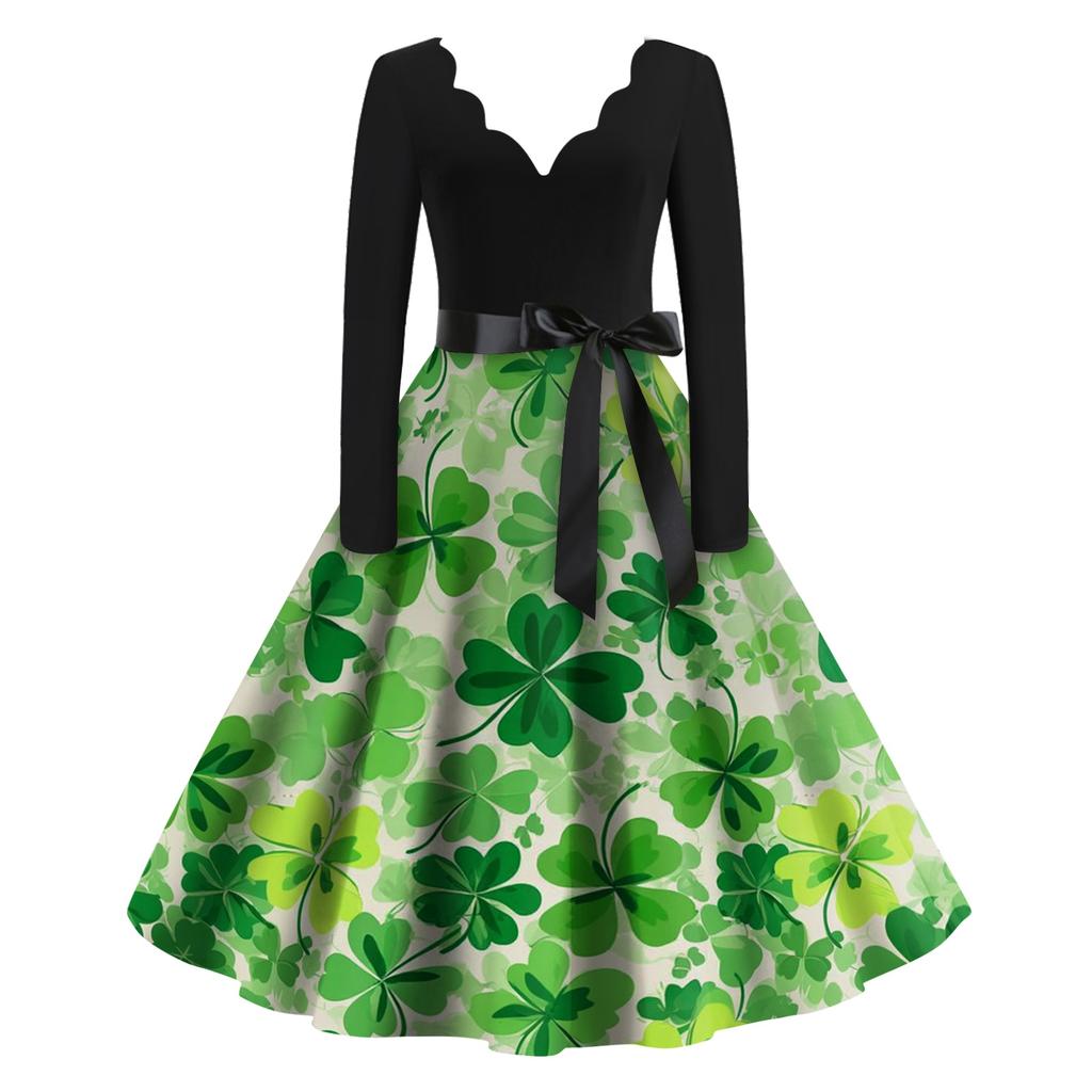 Women's Casual Fashion Printed V-Neck Retro Long-Sleeve Dress