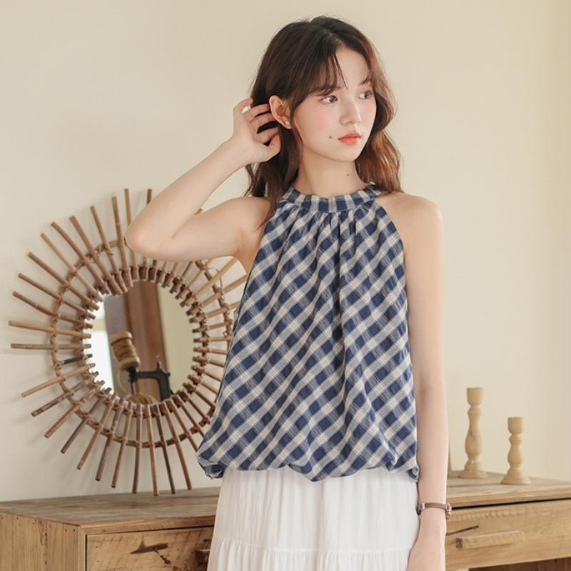 

Летняя клетчатая футболка с круглым вырезом без рукавов и бутонообразным вырезом горловины, женский безрукавный жилет на бретелях Average size